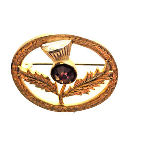 Vintage Scottish Thistle Brooch Pin Gold Tone Amethyst Colored Stone Good Luck